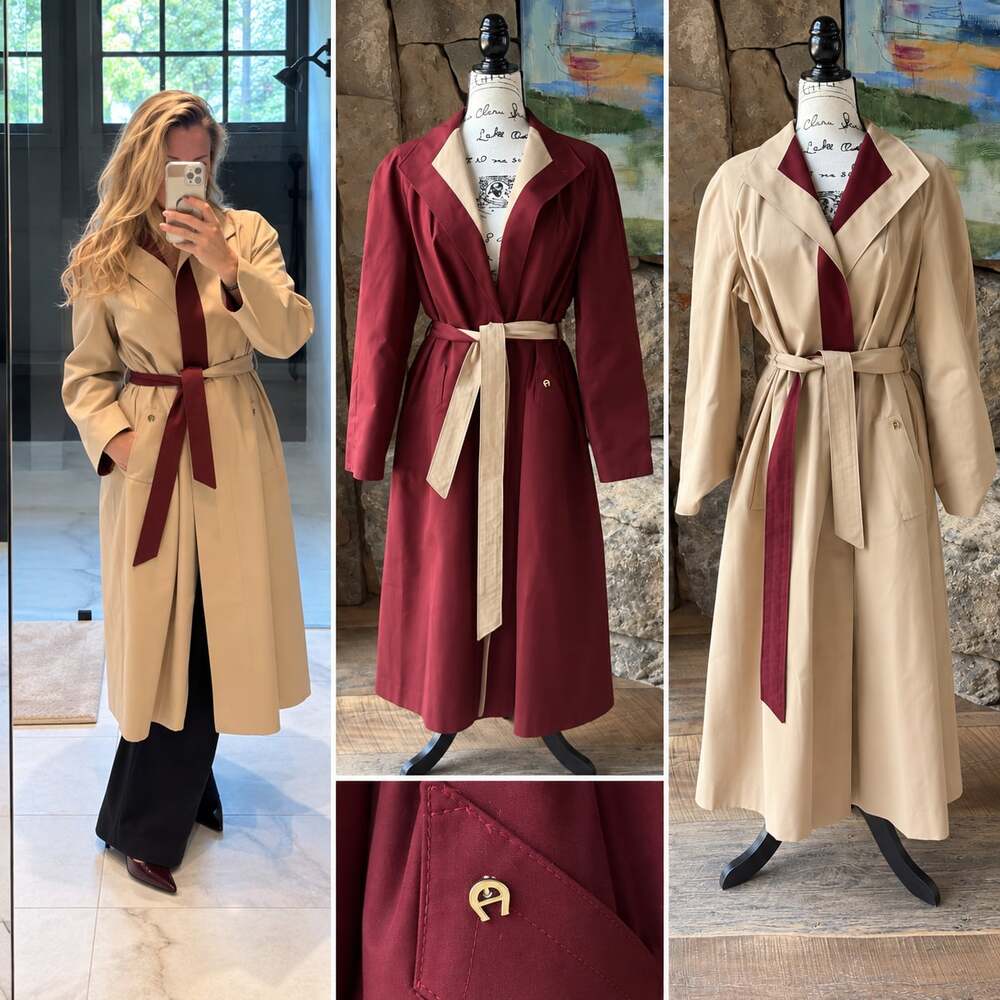 Vintage Etienne Aigner Reversible Trench Coat Women’s Large Tan Burgundy Belted - Picture 2 of 5